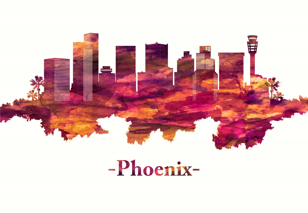 Watercolor skyline of Phoenix, a visual guide for those moving to the city
